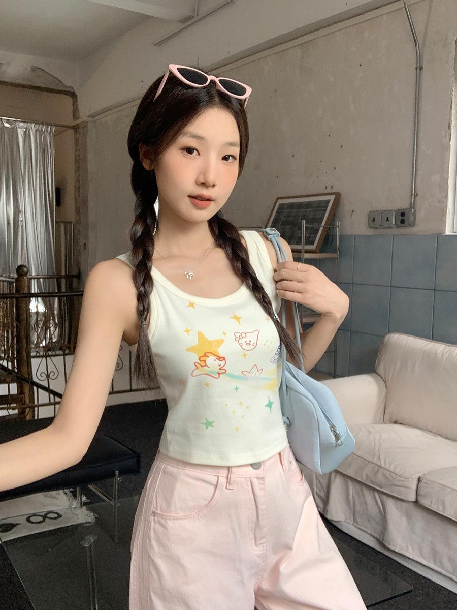 

Super fire sweet girl wears cute graffiti print suspender vest women s summer short slim sleeveless top S абрикосовый