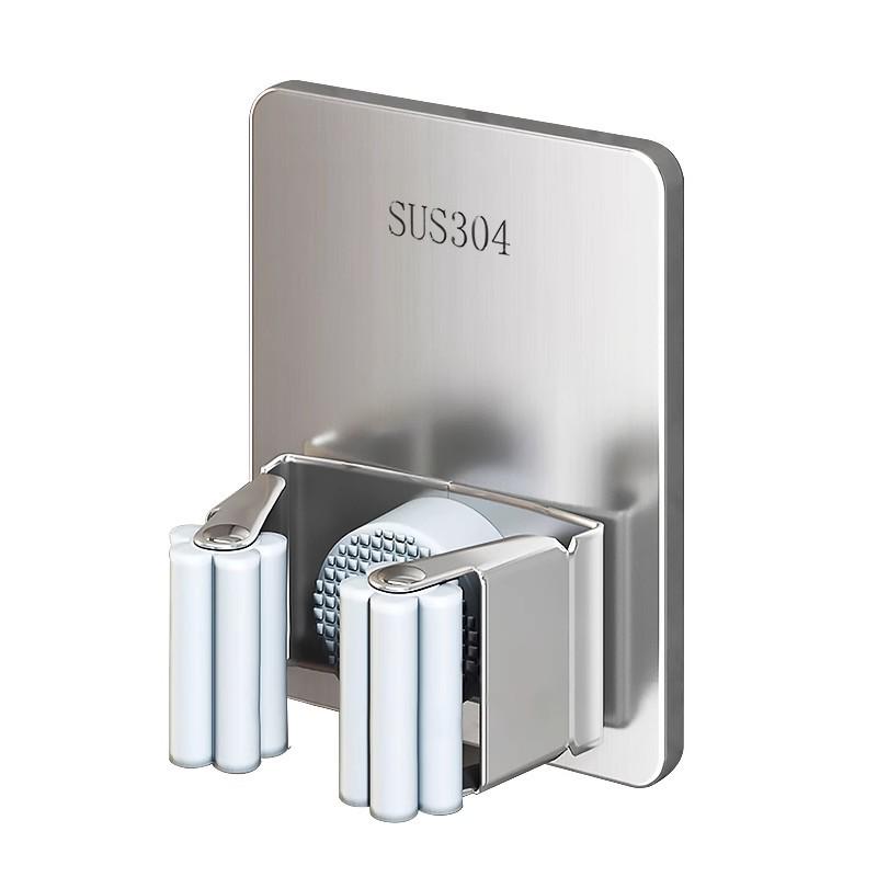 Stainless Steel No-Drill Mop Wall Mount Clip - Strong Adhesive, Traceless, Heavy-Duty Hook for Bathroom and Door