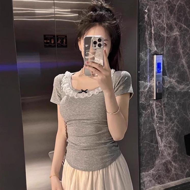 2025 Summer Sweet Girl Pure Cotton Butterfly Lace Slim Fit T-shirt