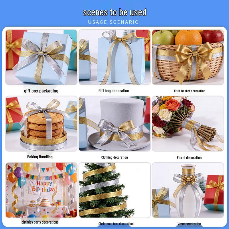 Gold & Silver Glitter Ribbon Set: 1cm, 2 Rolls for DIY Gift, Bouquet, or Daily Decoration.