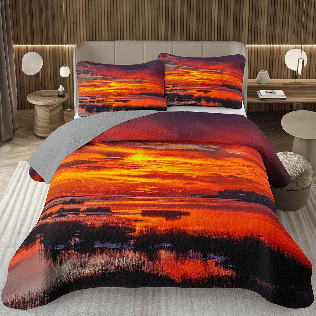 Sunset Scenery Bedspread Queen/Full Natural Landscape Quilted Coverlet 2/3Pcs Reversible Grey Bedding Set for Boy Girl Room Dorm