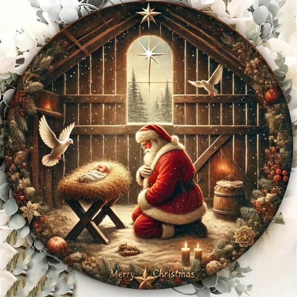 Christmas Kneeling Santa Tin Sign 8 Inch Round Metal Wall Art Home Bar Cafe Farmhouse Decor