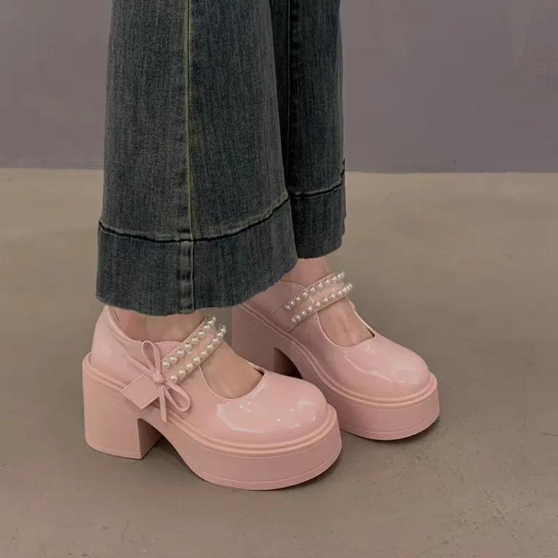 

Fashion 2025 Brand Ladies Shoes Buckle Strap Women s High Heels Fashion String Bead Dress New Shallow Best Seller Mary Jane Shoeszapatos 35 розовый