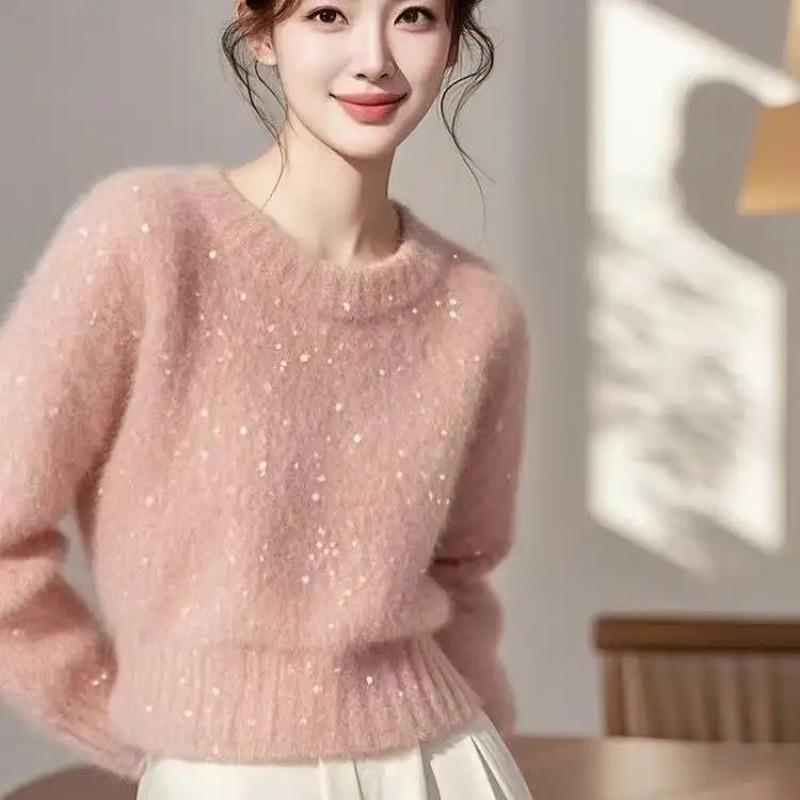 Solid Color Pullover Sequined Sweater for Women Autumn and Winter Fashionable Versatile Round Neck Top