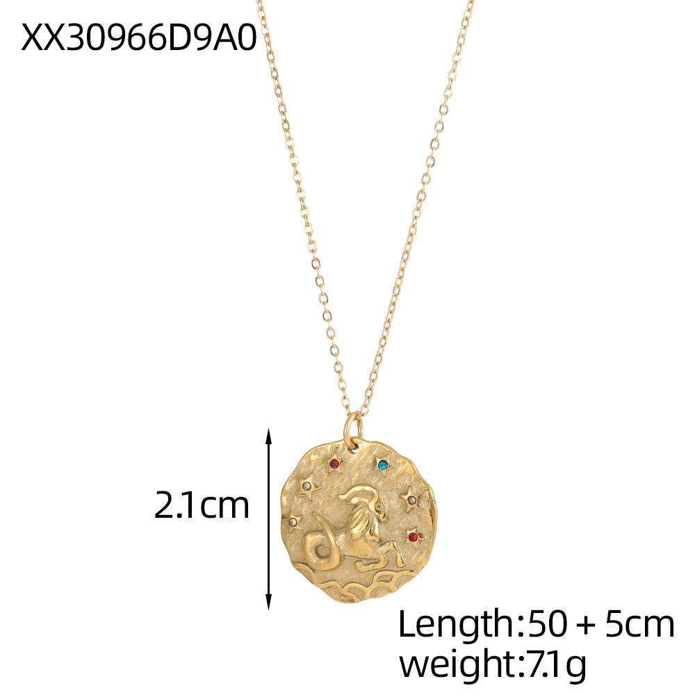 CARLIDANA 12 Zodiac Sign Round Coin Pendant Necklace Jewelry Gold Plated Stainless Steel Embossed Zodiac with Zircon Necklaces