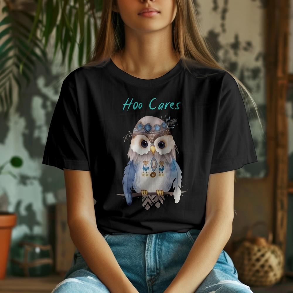 

Watercolor Owl Sarcastic Tee - Hoo Cares , Funny Decorated Owl, Cute Animal Tee XL