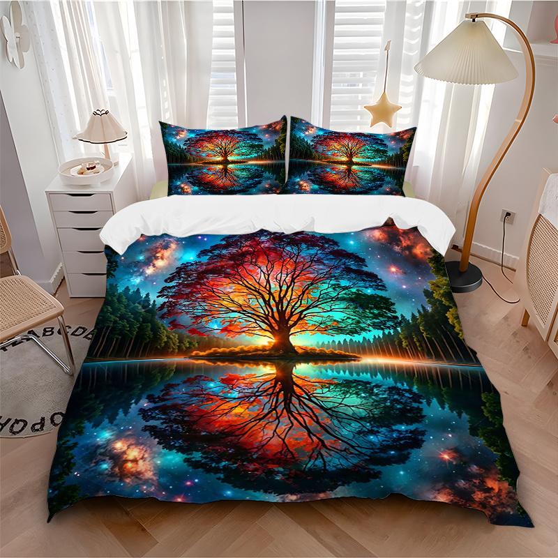 3pcs The Enchanted Tree in a Dreamlike Forest Pattern Bedding Set, 1* Cover + 2*Pillowcases, Printed Bedding Set, Soft