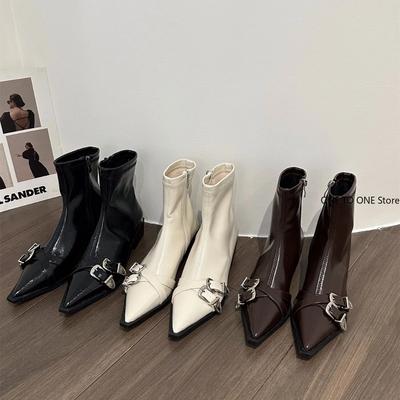 Designer Spitzschuh Damen Stiefeletten Mode Dicke Ferse Schlankmachende Kurze Stiefeletten Herbst Winter Damen Schuhe Zapatillas Mujer