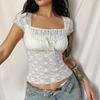 European & American Women's Pink Lace Patchwork Cropped Pullover - Sweet Girly Style, French Square Neck, Lace-up, Slim Fit T-shirt.