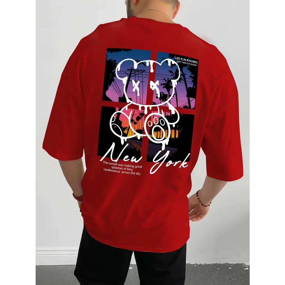 New York Art Word Cartoon Bear Sunset Scenery Design T Shirts Men Fashion Loose Summer  Oversized  Harajuku  Redtube