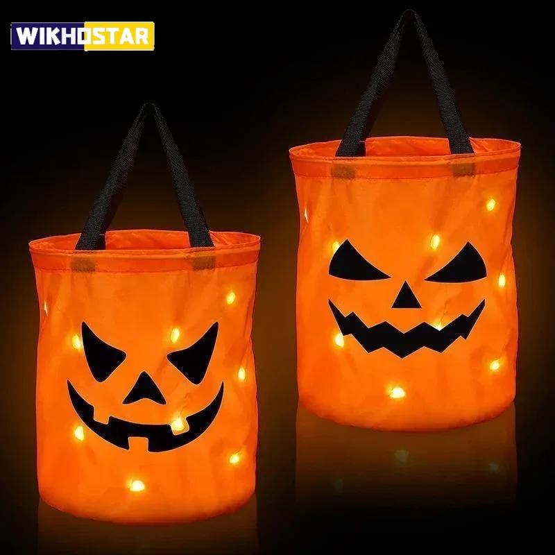 אור LED ליל כל הקדושים טריק או פינוק דלי שקיות ממתקים דלעת סלסלת מתנה מתקפלת למסיבת חג ההודיה
