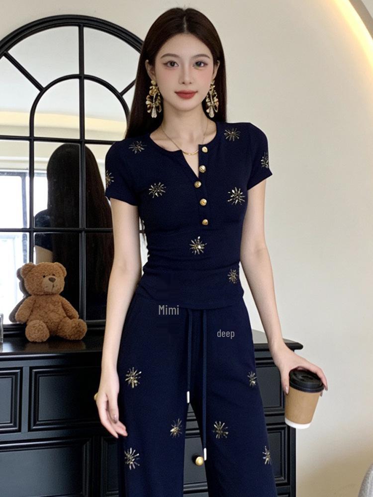 

Summer Women s Sporty Casual Suit: Age-Defying Blue T-Shirt & Wide-Leg Pants Set M