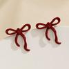 Cute Girls Bow Knot Stud Earrings for Women Wedding Party Trendy Wine Red Spray Painting Hollow Geometry Earrings Jewelry Gift
