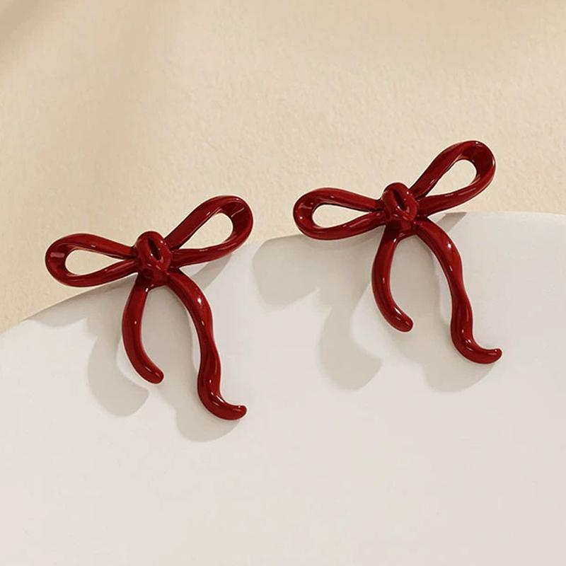 Cute Girls Bow Knot Stud Earrings for Women Wedding Party Trendy Wine Red Spray Painting Hollow Geometry Earrings Jewelry Gift