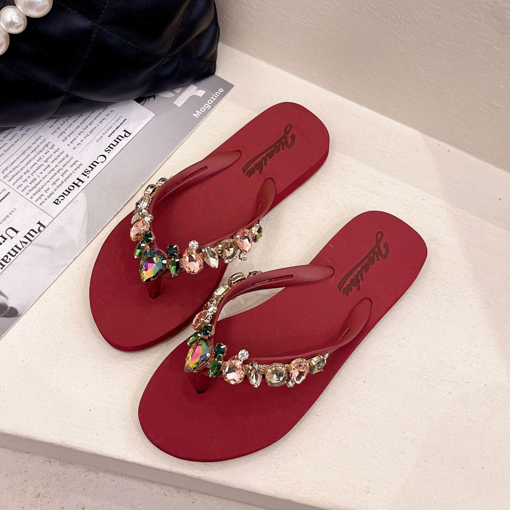 Summer Peach Heart Rhinestone Flip Flops - Women's Casual Beach Flats