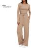 Long Sleeve Top Women Pants Set for Spring Fall, Slim Fit Crewneck Sweatshirt, Two Piece Sets Elastic Waist Loose Wide Leg Pants, Solid Color