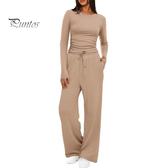 Long Sleeve Top Women Pants Set for Spring Fall, Slim Fit Crewneck Sweatshirt, Two Piece Sets Elastic Waist Loose Wide Leg Pants, Solid Color