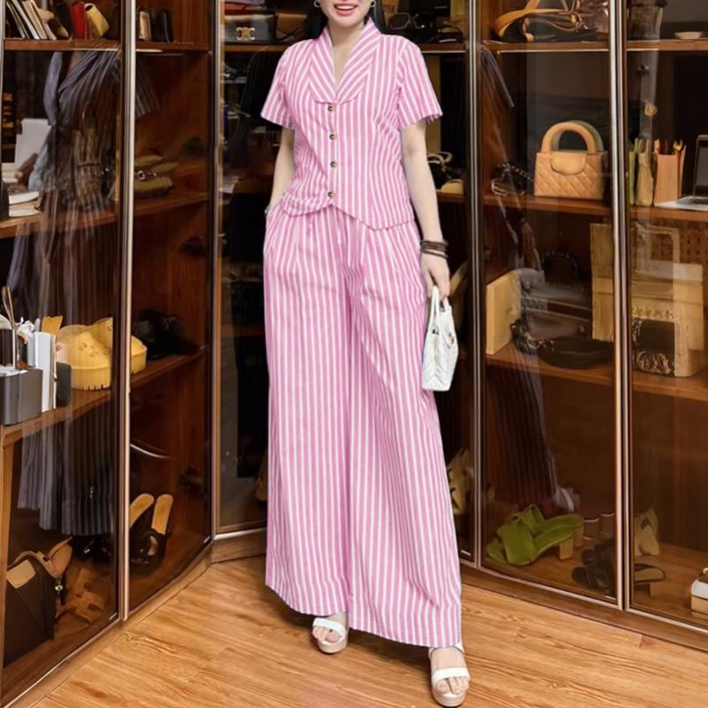 

ZANZEA Женская блузка с коротким рукавом и брюки Летние комплекты-двойки с полосатым принтом L