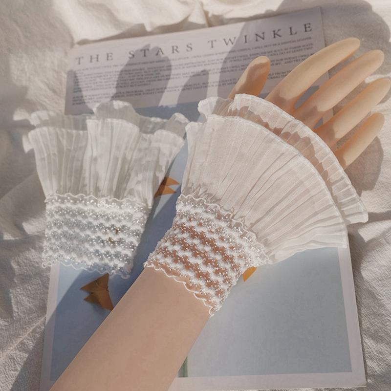 White romantic fake sleeves DIY detachable cuffs elastic wrist pleated organ Lolita ruffle arm sleeves cuff extension