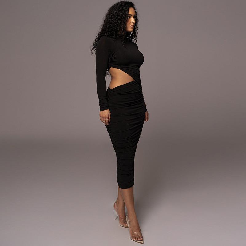 Women's Solid Color Crew Neck Long Sleeve Hollow Pleated Patchwork Bag Hip Sexy Spice Girl Party Dress