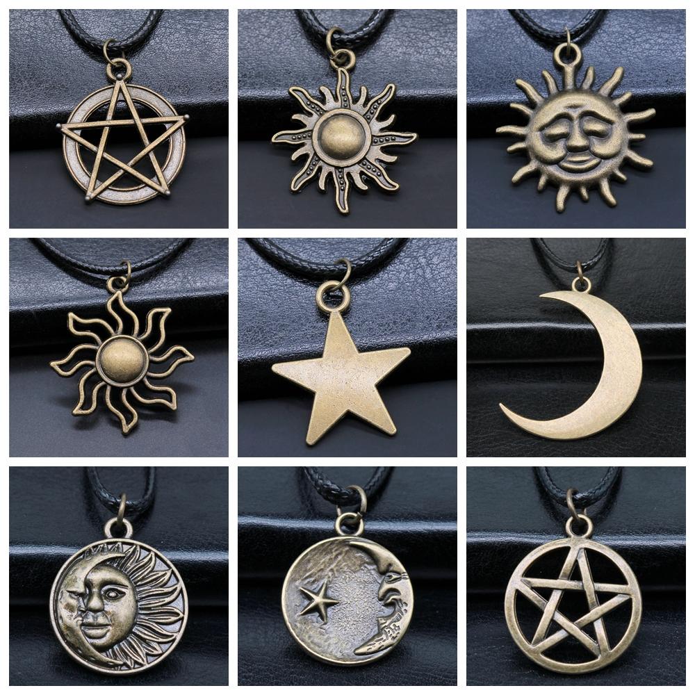 30 Styles Unisex Amulet Wicca Jewelry Gift Sun Moon Star Pentagram Pendant Necklace Black Leather Cord