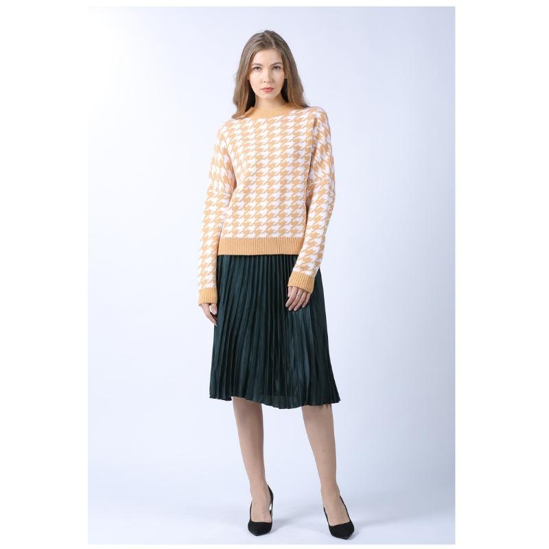 Pulover tricotat în carouri, cu gât rotund, cu mâneci lungi, pentru femei, tricotaje scurte, îngroșate, calde, Harajuku, pentru navetă, ocazional, toamnă, iarnă, cămașă cu fundul