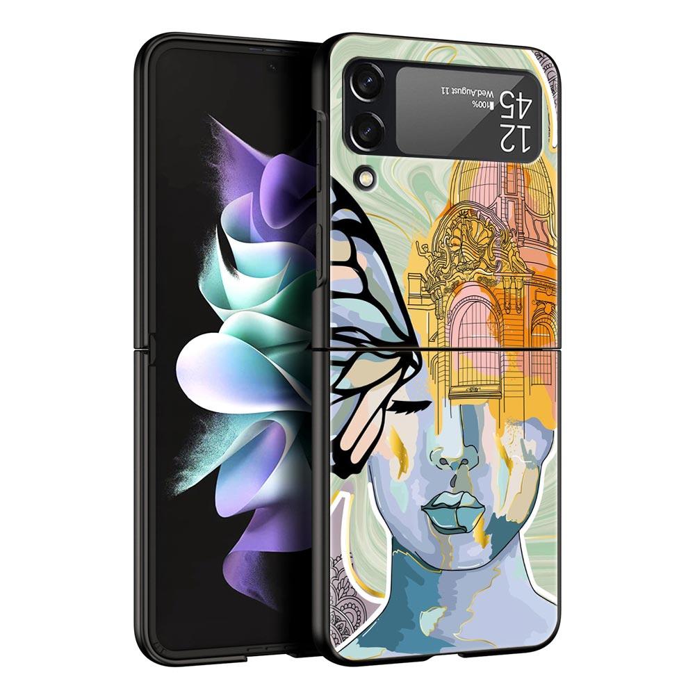 Paris Art Blue Butterfly Girl Flower Phone Case for Samsung Galaxy Z Flip 3 4 5 Black Folding Mobile Shell Hard Protect Cover