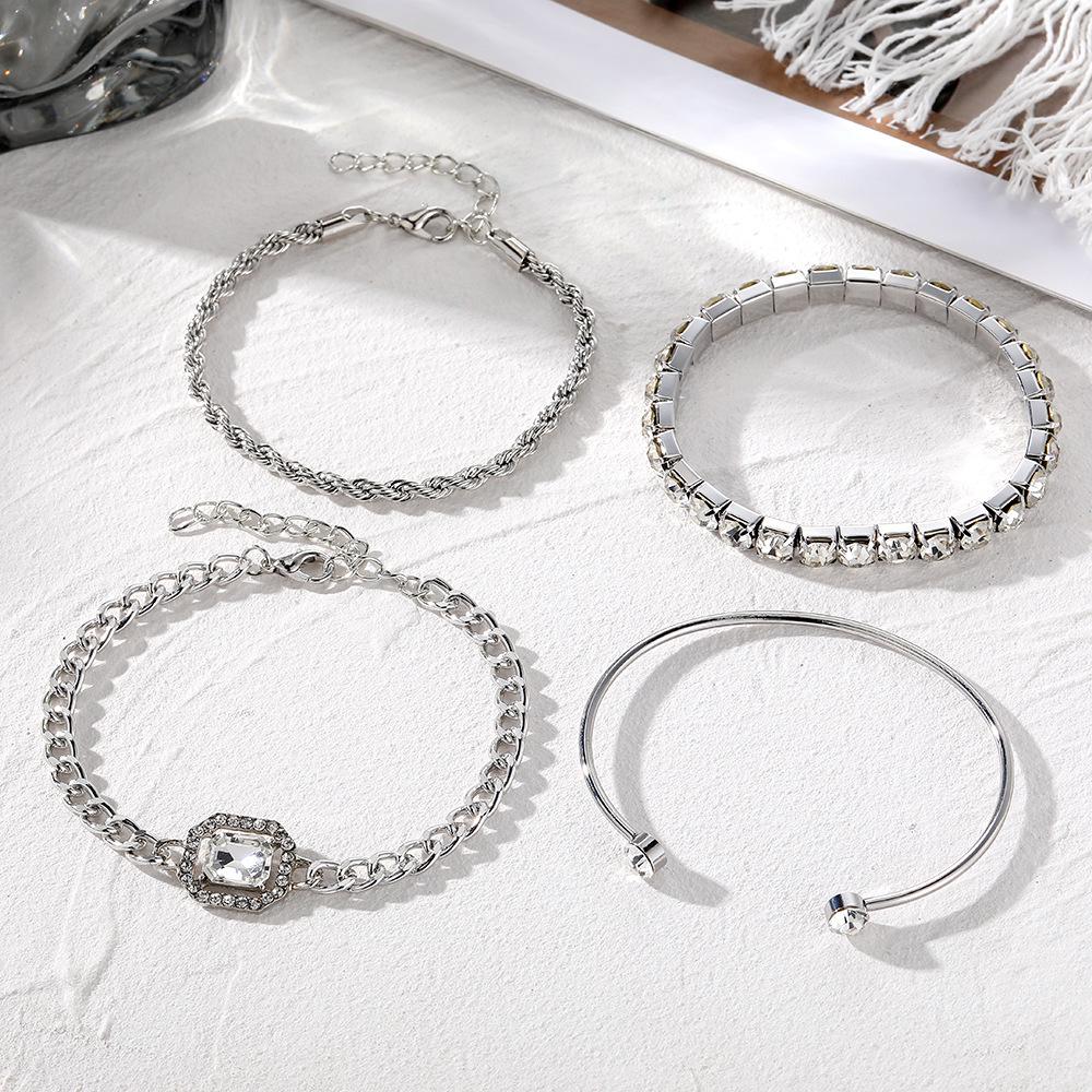 European & American Zircon Cable Knit Bracelet Set: Geometric, Versatile, Four-Piece Alloy Jewelry.