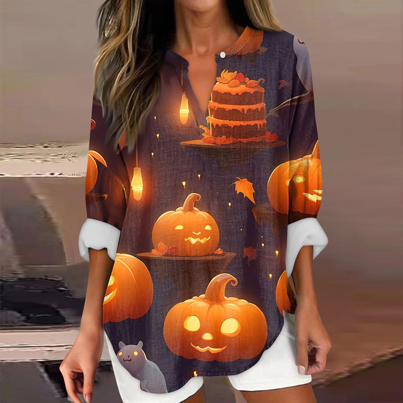 

Женские модные повседневные женские топы с v-образным вырезом и длинным рукавом с принтом на Хэллоуин XL жёлтый