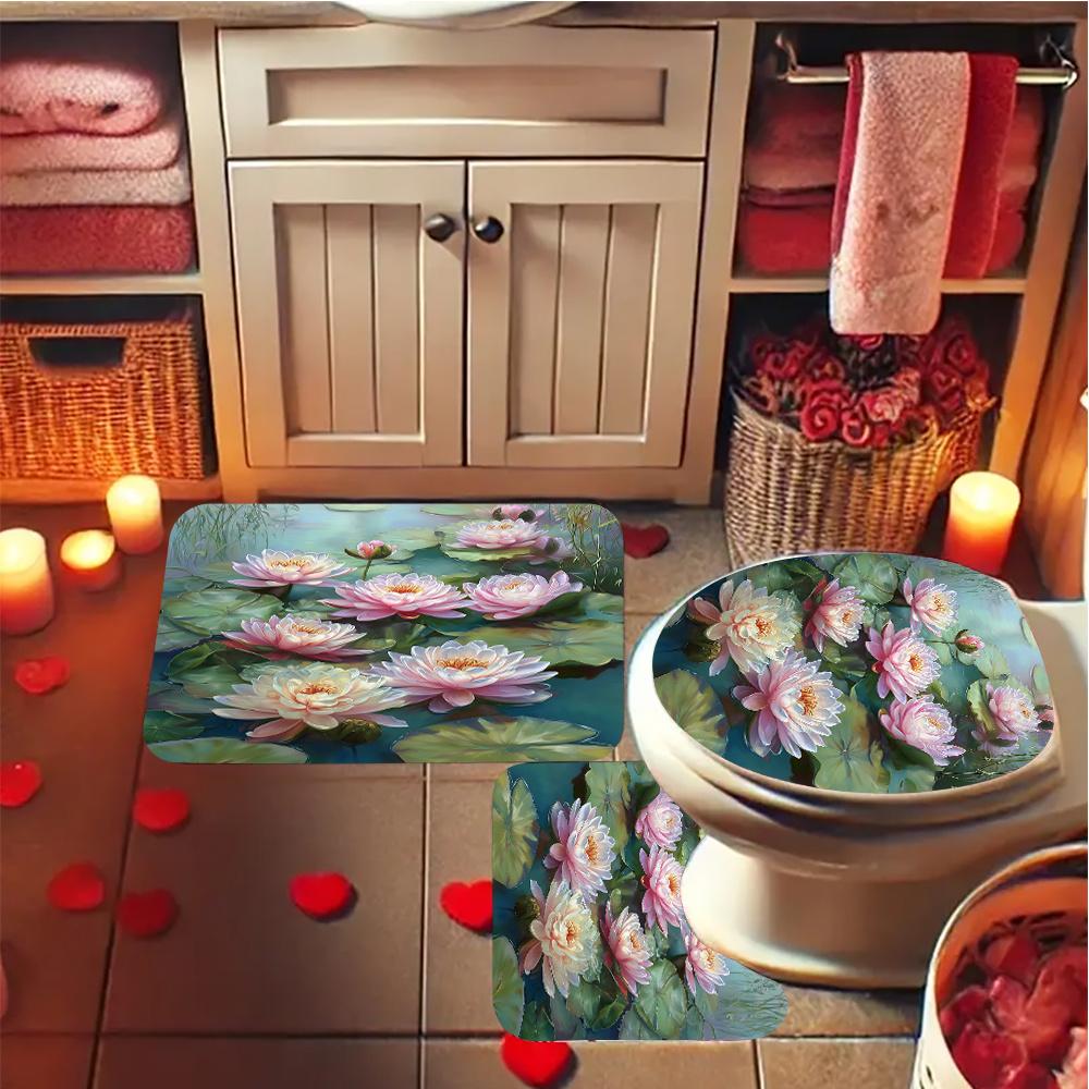 4Pcs Lotus Blooming Beauty Shower Curtain Set with Non-Slip Bath Mat, Toilet Lid Cover, Contour Rug & 12 Hooks, Bathroom Decor