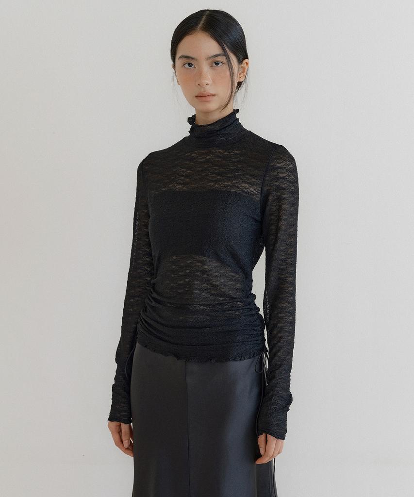 LUCIR ZU Lace String Turtleneck Top (Black)