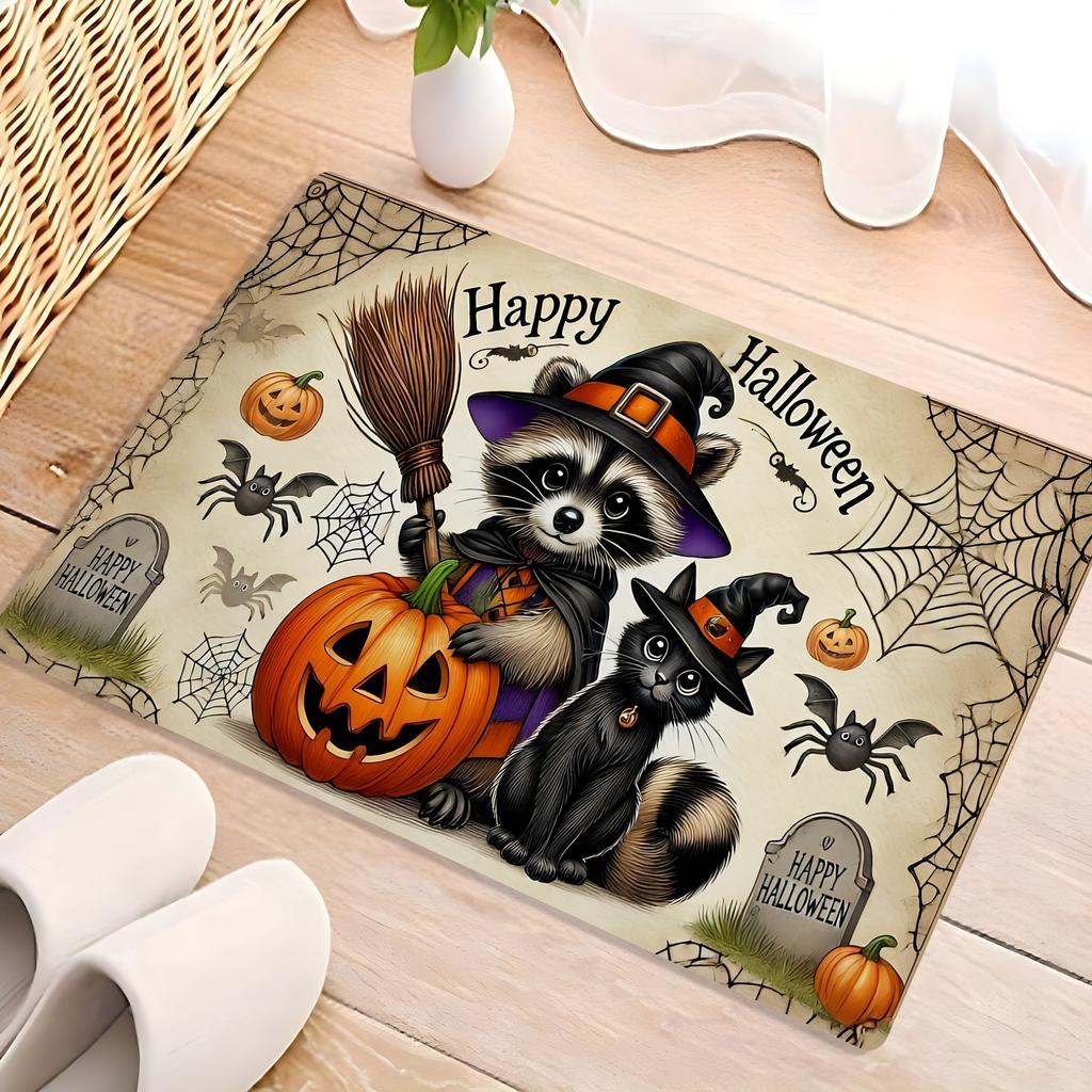 1 Halloween flannel floor mat machine washable, with cute raccoon witch cat and pumpkin pattern suitable for living room bedroom