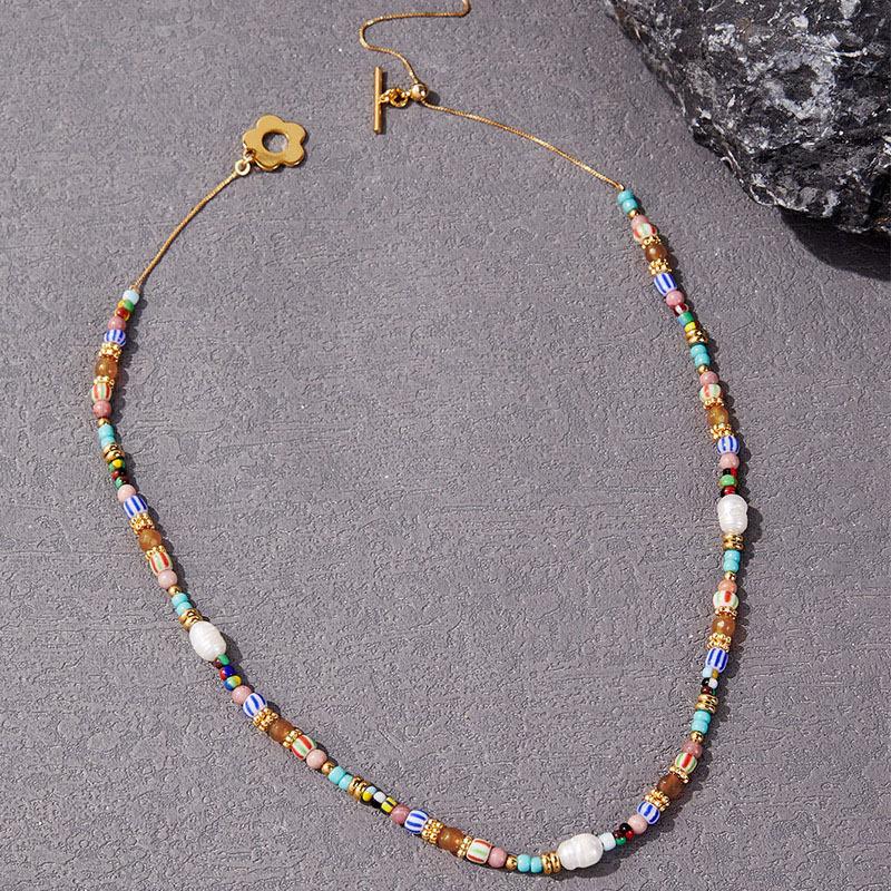 GEMCHIC Women s Bohemian Style Colorful Natural Stone Beaded Layering Necklace with Fresh Sweet Water Pearl Collar Chain