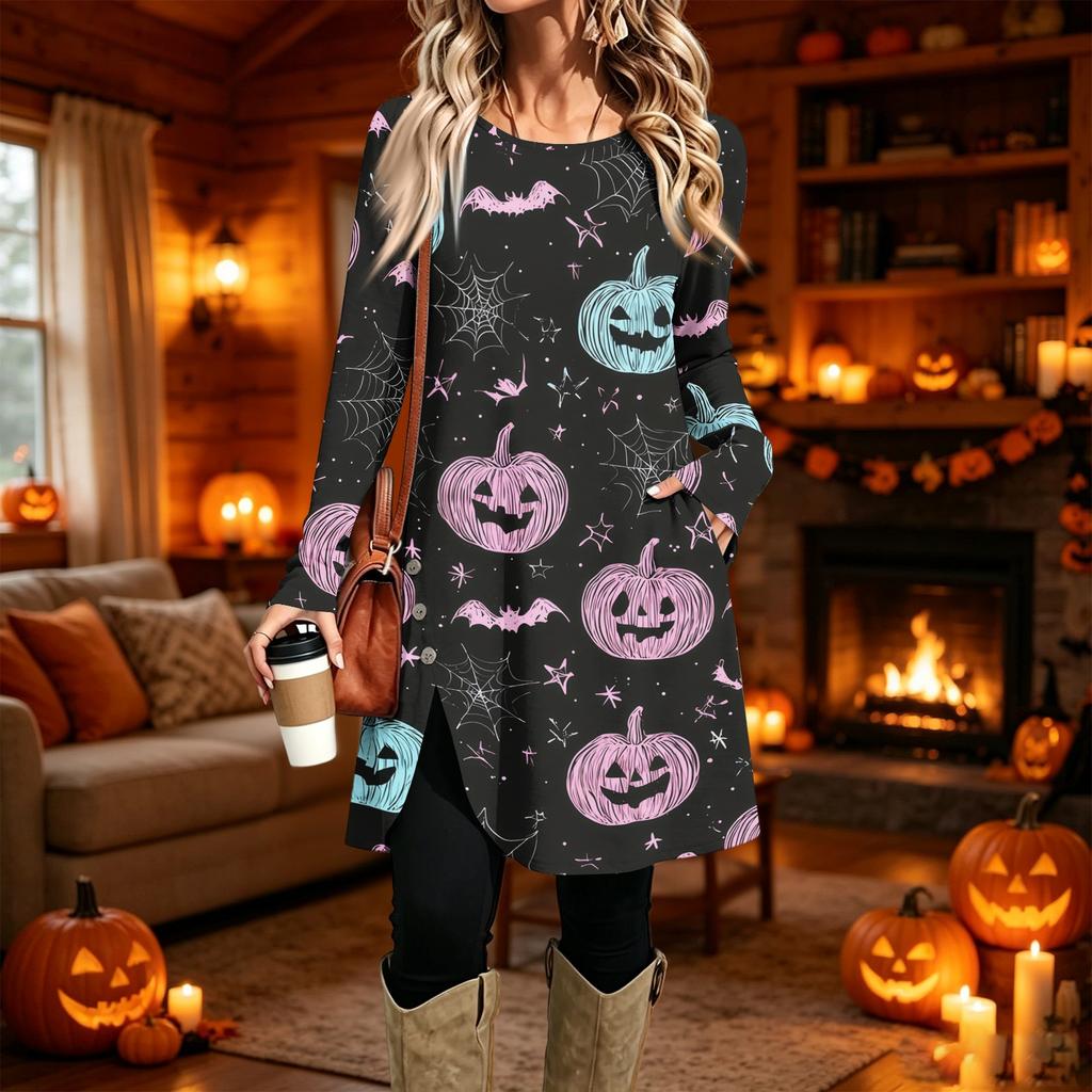 Women's Casual Printed Long Sleeve Neck Dress for Daily Wear