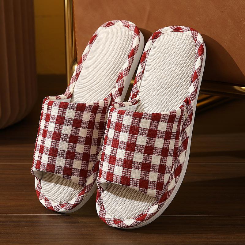 New Four Seasons Wood Flooring Home Couple Cotton and Hemp Four Seasons Cloth Slippers Diamond Checkerboard and Linen Slippers