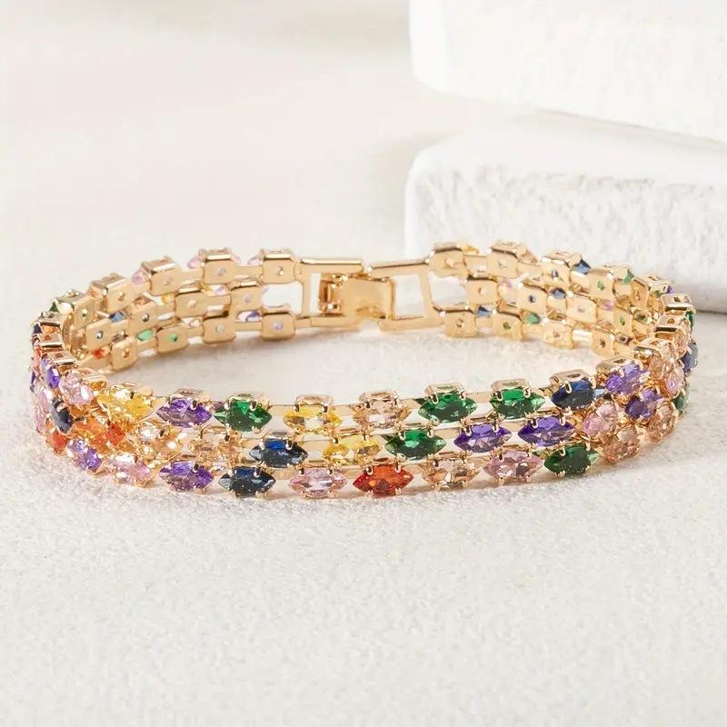 Широкий цветной циркониевый браслет, полностью бриллиантовый, розовое золото, медь с золотым покрытием, радужный браслет для женщин разноцветный