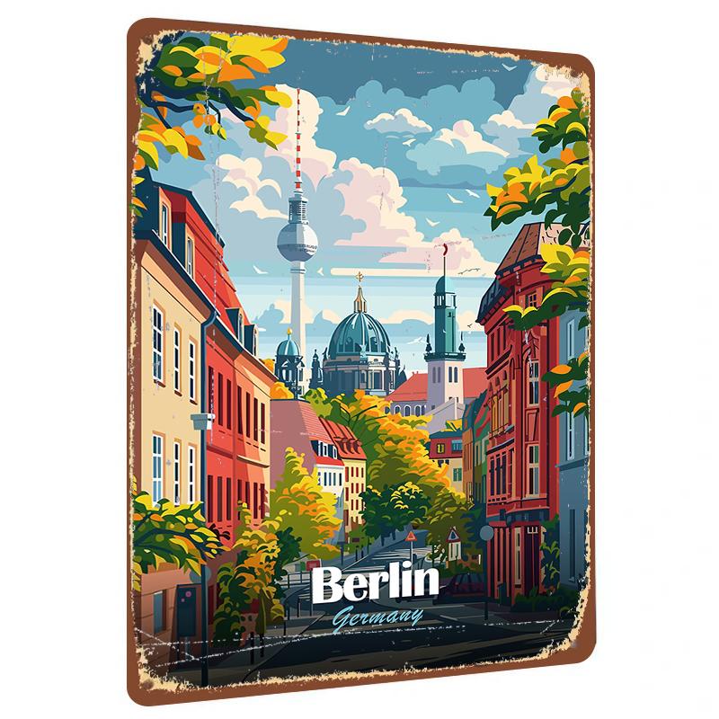 

Berlin Germany Cityscape Metal Wall Art Vintage Travel Poster Decorative Iron Painting for Home Office 20x30cm（7.8x11.8inch）
