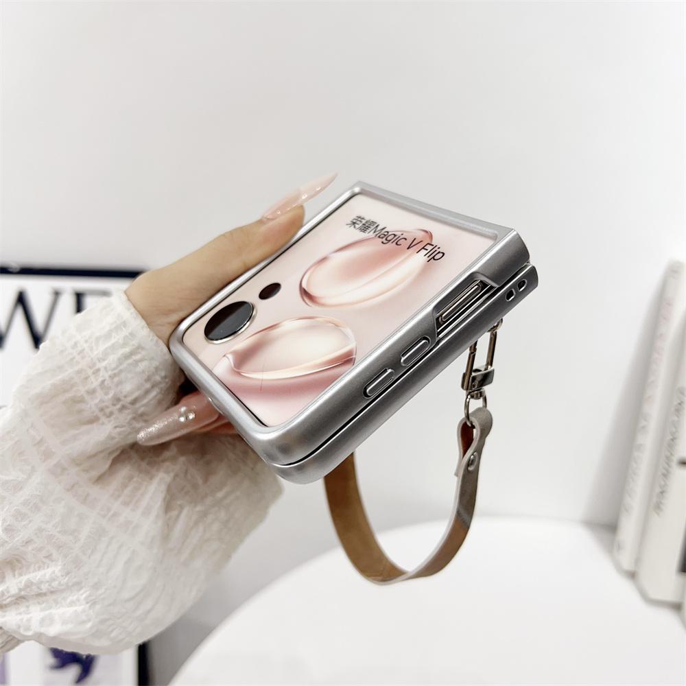 Retro Color Collision Phone Case For Honor Magic V Flip Hand Strap Protective PC Hard Shell Magic V Flip Back Cover