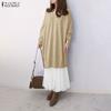 Women Casual Mesh Splice Loose V-neck Long Sleeve Dress