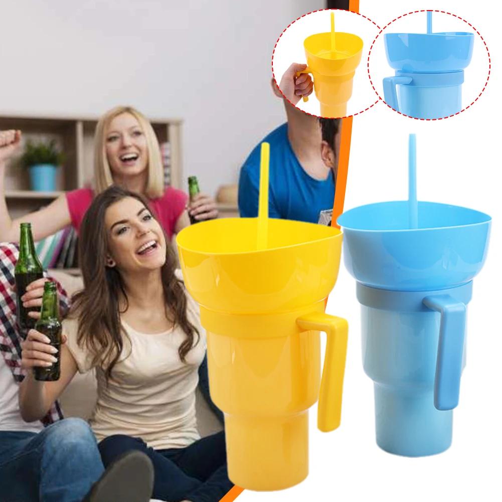 Stadium Tumbler Popcorn Drink Cola Cup 2 In 1 Snackies Cup Portable Splash Snack Bowl Chicken Storage Bowl with Handle Straw Cup
