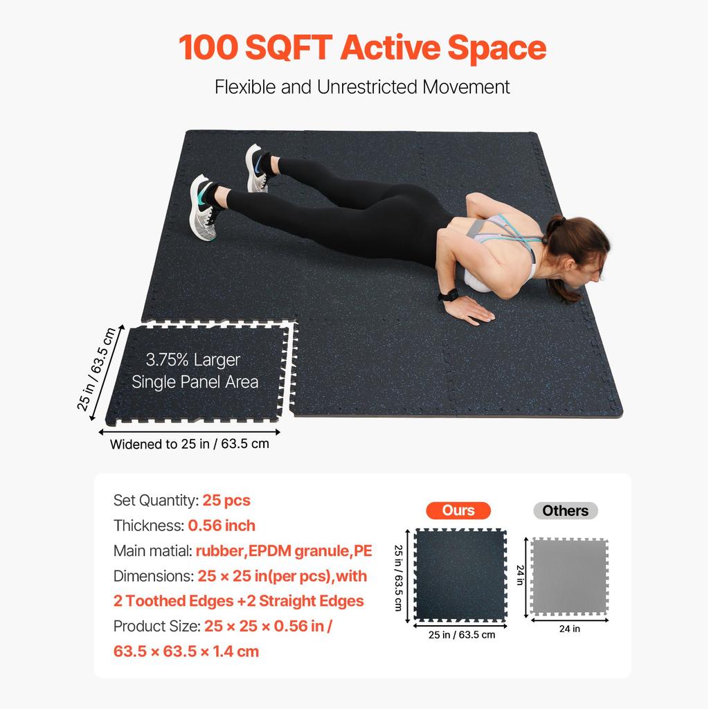 VEVOR 0.56 Inch Thick Gym Floor Mats, 25 Tiles Rubber Top with EVA Foam, 25" x 25" Gym Flooring Workout Mats with 100sq.ft Coverage