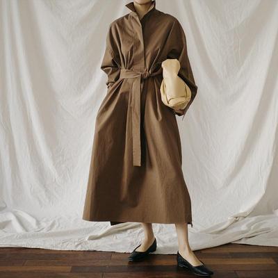 Autumn Shirt Dresses Casual Korean Turn Down Collar Loose Solid Color Bandage Pockets Women Dress
