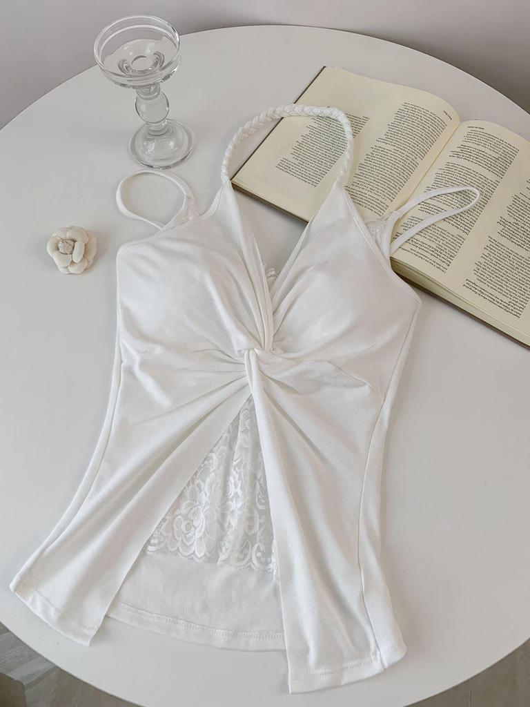 Women's Sexy Lace Halter Top with Padded Bust - Slimming Faux Two-Piece Versatile Tank