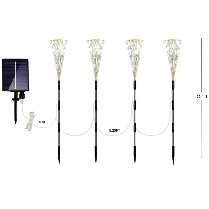 4 יחידות אורות זיקוקים סולאריים LED חוט נחושת עמיד למים בחוץ מנורת זיקוקים לגינה עם שלט אורות לקישוט שביל דשא