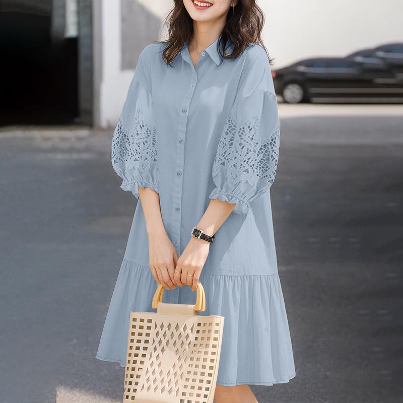 

ZANZEA Women Casual Turn Down Collar Lace Splice 3/4 Sleeve Loose Dress 5XL синий
