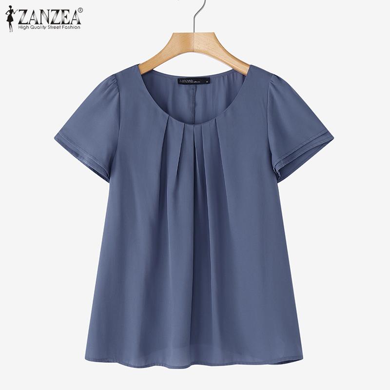 ZANZEA Women Casual Round Neck Solid Color Summer Short Sleeve Blouse