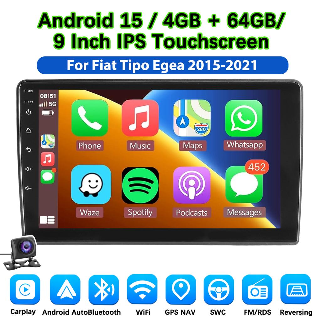 4+128GB For Fiat Egea Tipo 2016-2020 Android 15 Car Radio Multimedia Video Player GPS AI Voice carPlay GPS Navi RDS WIFI Head Unit Stereo DAB+ DVR