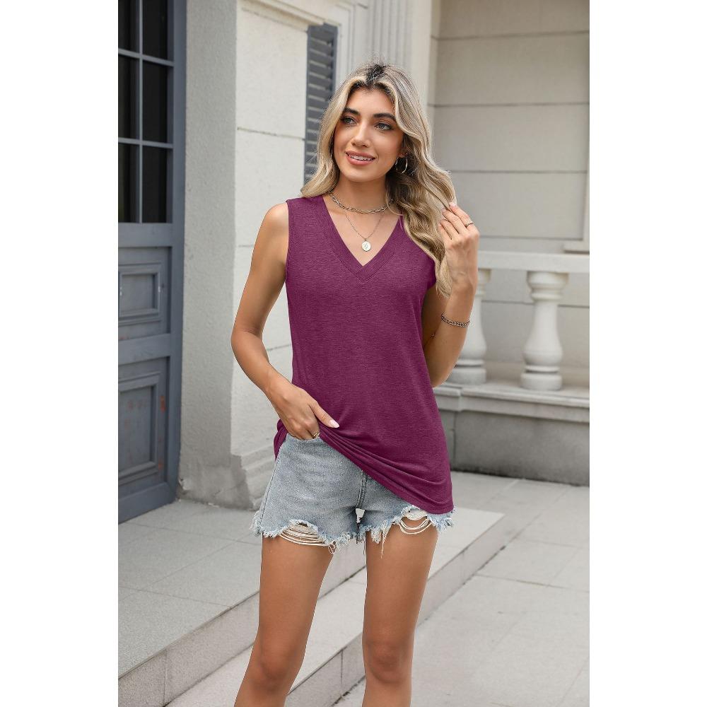New Summer Solid Color V-neck Loose Sleeveless Casual T-shirt Comfortable and Versatile Vest Top