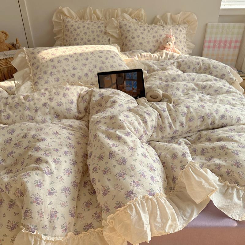 Cotton Double-Layer Yarn 4Pcs Set, Small Lotus Leaf Edge, Fresh Pure Cotton Gauze Quilt Cover, Bed Sheet