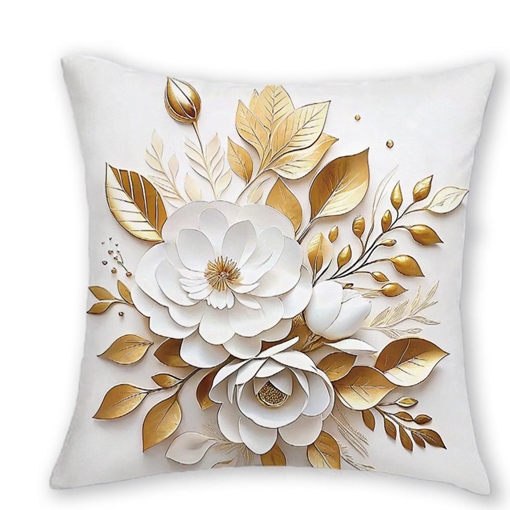 Elegant Gold - and - White Floral Pillow CoversLiving Room Sofa Cushion Cover, Soft and Comfortable, Bedroom Room Decoration